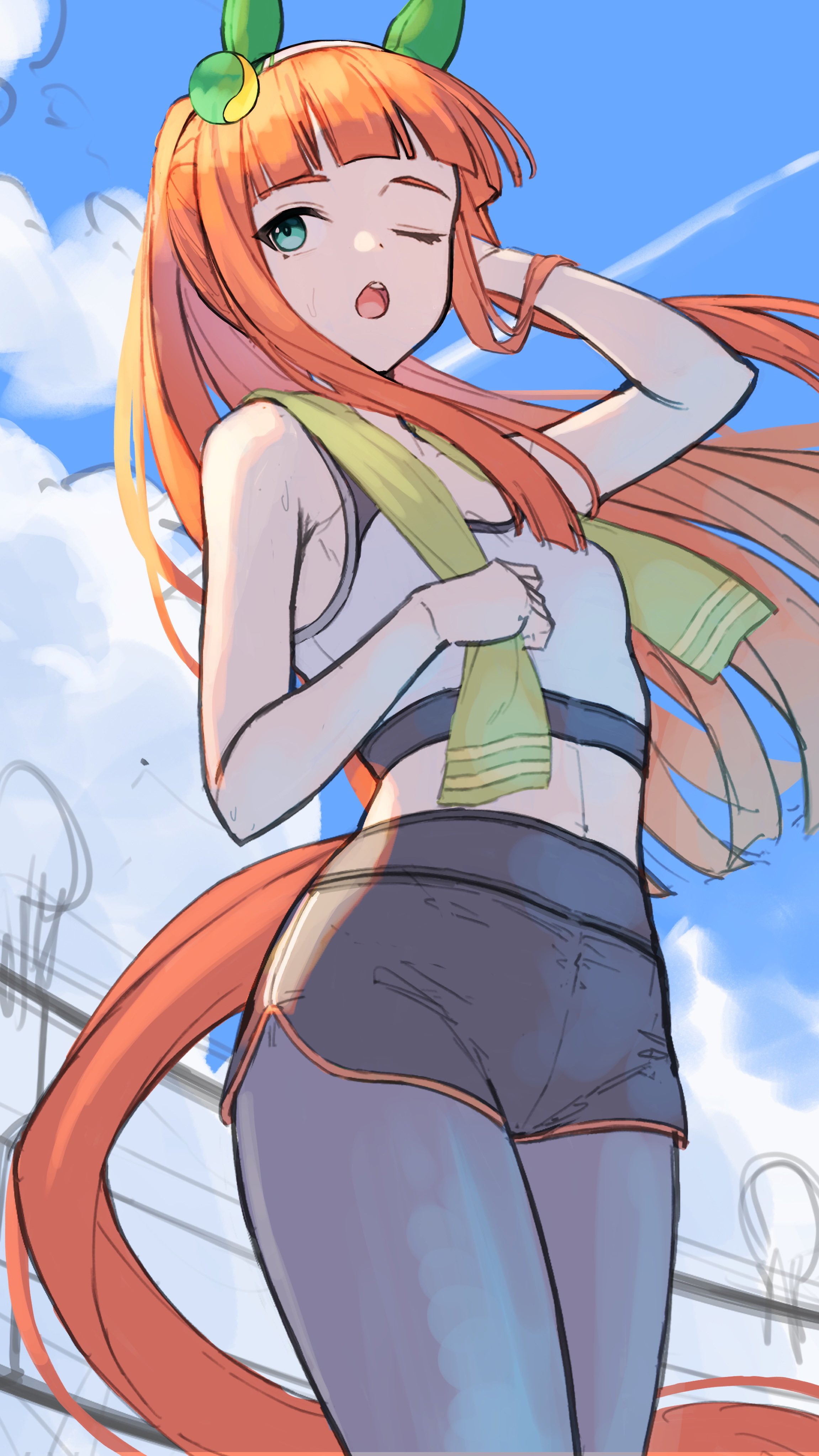 iam (tetsu0ekaki), silence suzuka (umamusume), umamusume, absurdres, commentary request, highres, unfinished, 1girl, animal ears, bare arms, bare shoulders, black shorts, cloud, contrail, cowboy shot, crop top, dolphin shorts, floating hair, green eyes, hairband, hand in own hair, horse ears, horse girl, horse tail, midriff, one eye closed, open mouth, outdoors, pantyhose, shirt, shorts, solo, standing, tail, tank top, towel, towel around neck, white shirt, wings