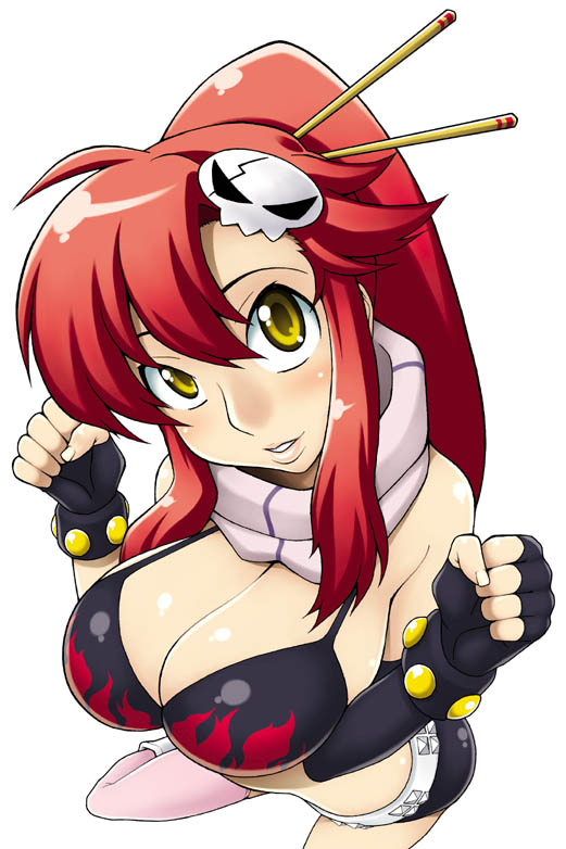 nishimo, yoko littner, tengen toppa gurren lagann, 00s, 1girl, asymmetrical gloves, bikini, bikini top only, black bikini, blush, breasts, cleavage, female focus, gloves, high ponytail, large breasts, pink thighhighs, ponytail, red hair, short shorts, shorts, simple background, solo, swimsuit, thighhighs, uneven gloves, white background, yellow eyes