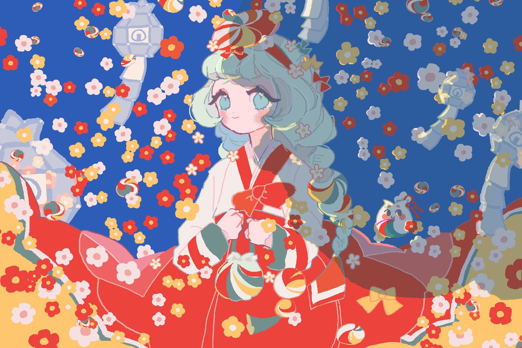 reed, cookie run, cookie run: ovenbreak, commentary, highres, symbol-only commentary, 1girl, aqua hair, blue background, blue eyes, blush, bow, braid, candy shade pouch, closed mouth, film grain, flower, hair bow, hair flower, hair ornament, hairband, humanization, japanese clothes, kimono, kimono skirt, lantern, long hair, long sleeves, looking at viewer, okchun cookie, paper lantern, red bow, red flower, red hairband, red skirt, simple background, skirt, solo, twin braids, upper body, white flower, white kimono, yellow flower