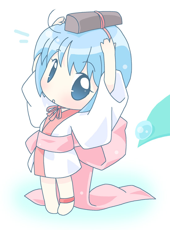 mirai (sugar), binchou-tan (character), binchou-tan, 00s, 1girl, anklet, arms up, blue eyes, blue hair, chibi, female focus, full body, jewelry, looking at viewer, matching hair/eyes, short hair, simple background, solo, standing, white background
