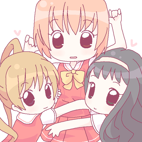 mirai (sugar), kamiizumi yasuna, kurusu tomari, osaragi hazumu, kashimashi, 00s, 3girls, arms up, black hair, blonde hair, blush, bow, bowtie, chibi, clenched teeth, dress, genderswap, genderswap (mtf), hairband, hug, long hair, looking at viewer, multiple girls, orange hair, parted lips, ponytail, red dress, simple background, teeth, very long hair, white background, yellow bow, yellow bowtie