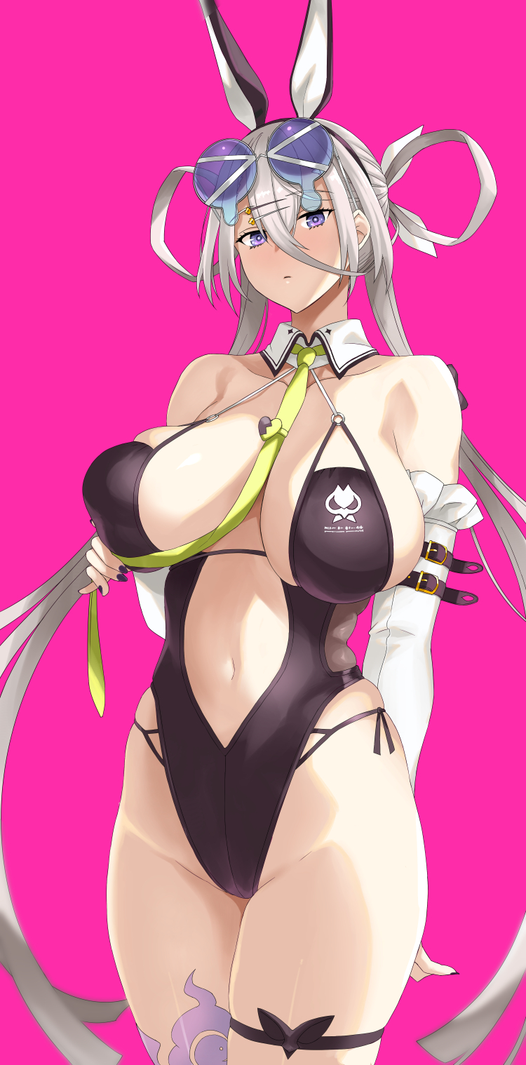 midori aoi, huyan zhuo (fate), fate/grand order, fate (series), commentary request, highres, 1girl, animal ears, bare shoulders, black one-piece swimsuit, blush, breasts, cleavage, detached collar, detached sleeves, eyewear on head, fake animal ears, grey hair, hair between eyes, hair ornament, hair rings, hairclip, highleg, highleg one-piece swimsuit, huyan zhuo (swimsuit berserker) (fate), large breasts, long hair, looking at viewer, low twintails, navel, necktie, one-piece swimsuit, plunging neckline, purple eyes, solo, sunglasses, swimsuit, thigh strap, thighs, twintails, very long hair