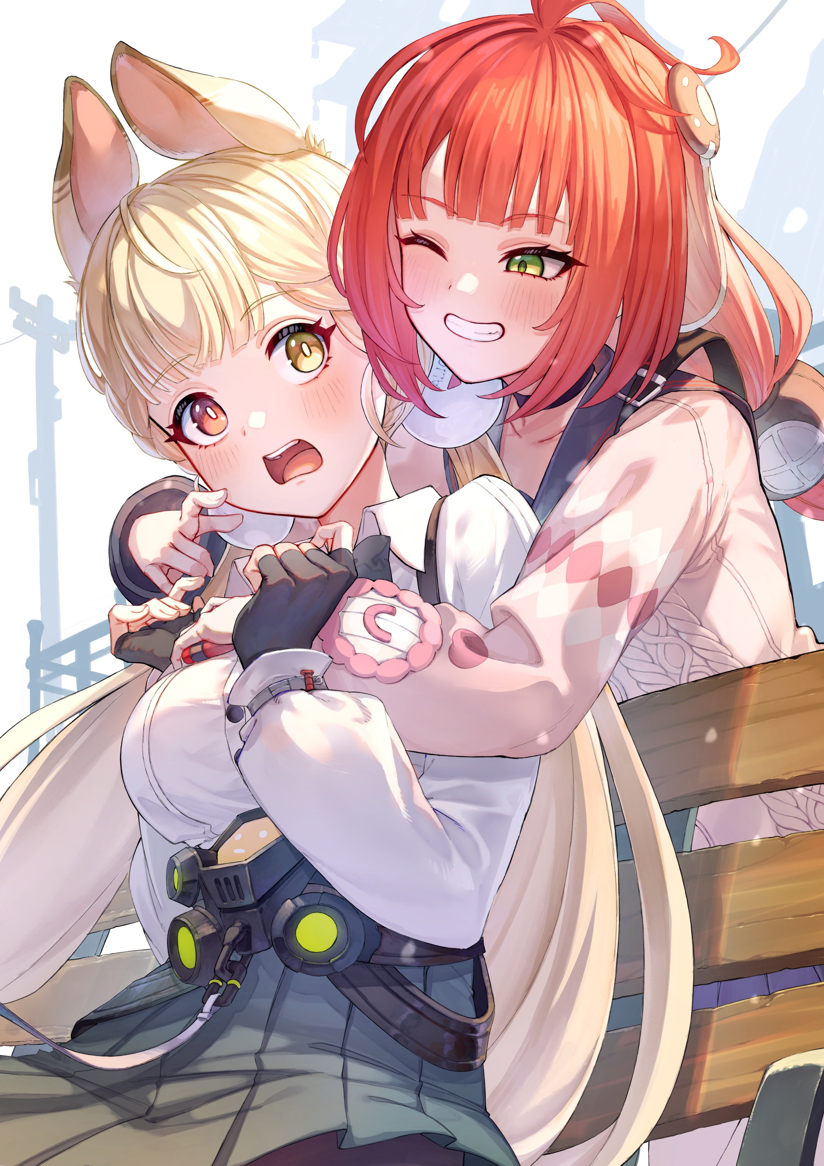 iam (tetsu0ekaki), alice thymefield, ukinami yuzuha, zenless zone zero, absurdres, commentary request, highres, 2girls, ahoge, animal ears, bench, black gloves, blush, breasts, fingerless gloves, gloves, green eyes, green skirt, grin, hair bobbles, hair ornament, hug, hug from behind, long hair, long sleeves, low twintails, medium breasts, multiple girls, one eye closed, open mouth, outdoors, pink hair, pom pom (clothes), pom pom hair ornament, red hair, shirt, sitting, skirt, smile, standing, twintails, white shirt, yellow eyes