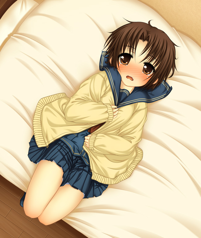broiler, original, 1girl, bed, blush, cardigan, covering privates, female focus, from above, lying, on back, pleated skirt, school uniform, serafuku, shy, skirt, solo