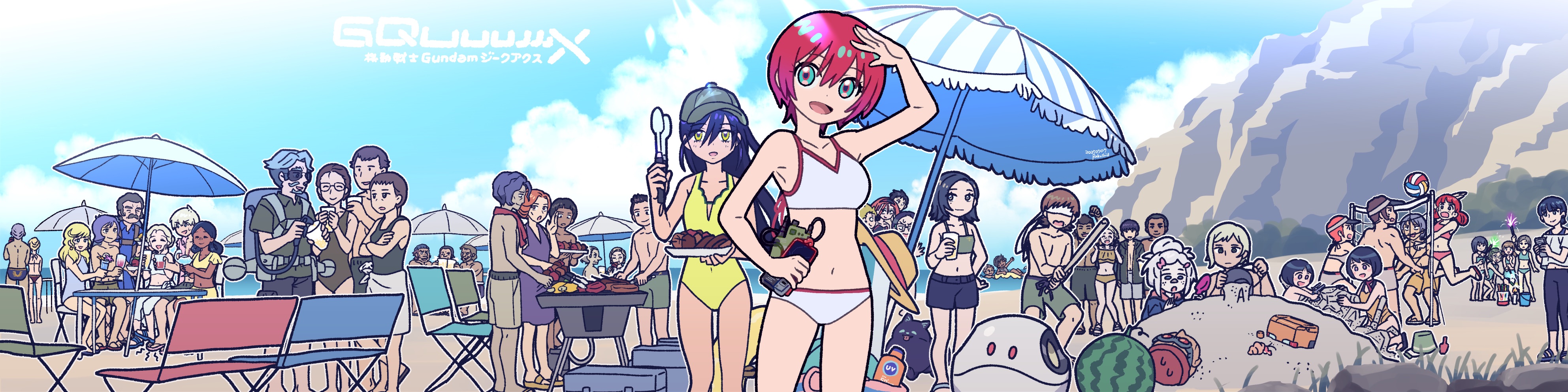 ochishima, amate yuzuriha, bask om, challia bull, conch (gundam), deux murasame, gates capa, haro, lalah sune, nyaan (gundam gquuuuuux), shiiko sugai, gundam, gundam gquuuuuux, absurdres, character request, commentary request, highres, long image, wide image, 6+boys, 6+girls, ball, beach, beach umbrella, black hair, blindfold, blonde hair, blue eyes, blue hair, brown hair, building sand sculpture, buried in sculpted sand, cellphone, cloud, crossed arms, drink, everyone, facial hair, fireworks, food, freckles, fruit, glasses, grey hair, grill, hair ornament, hat, hermit crab, holding, holding drink, holding tongs, innertube, lotion, male swimwear, mole, mole under eye, multiple boys, multiple girls, mustache, navel, one-piece swimsuit, open mouth, orange hair, phone, red hair, sand bucket, sand sculpture, scar, scar across eye, scar on face, shiiko sugai's son, shish kebab, smile, suikawari, sunglasses, sunscreen, swim ring, swim trunks, swimsuit, tongs, umbrella, visor cap, volleyball (object), volleyball net, watermelon, yellow eyes