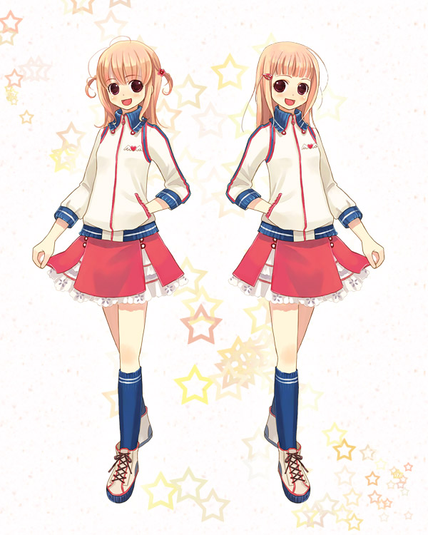 kuga tsukasa, original, 2girls, blonde hair, brown eyes, jacket, kneehighs, multiple girls, siblings, sisters, skirt, socks, star (symbol), symmetry, track jacket, twins, twintails