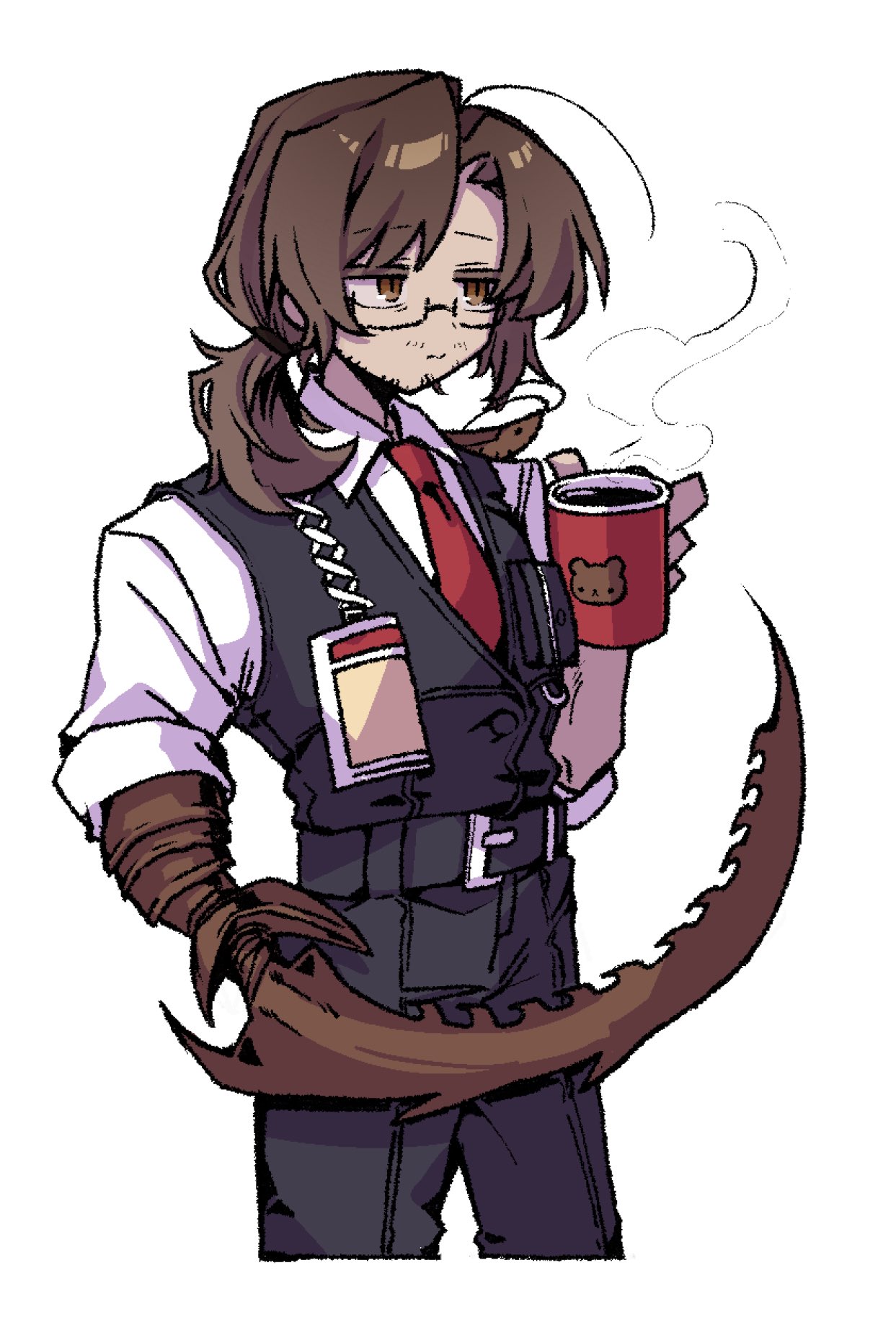 nantekottawo!!, gregor (project moon), limbus company, project moon, commentary request, highres, 1boy, arthropod limbs, black pants, black vest, brown eyes, brown hair, bug, cockroach, coffee mug, collared shirt, cup, facial hair, glasses, insect, long hair, looking to the side, low ponytail, male focus, mug, necktie, pants, ponytail, red necktie, shirt, simple background, solo, standing, upper body, vest, white background, white shirt
