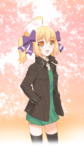 nakatomi ryo, nakatomi ryou, original, eyebrows, 1girl, ahoge, black thighhighs, blonde hair, female focus, jacket, open mouth, orange eyes, solo, thighhighs, twintails, zettai ryouiki
