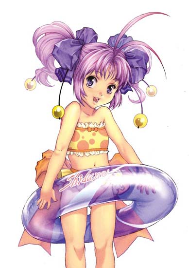 homare (fool's art), shizune (homare), original, 1girl, aged down, antenna hair, bikini, female focus, flat chest, hair ribbon, innertube, loli, purple hair, ribbon, solo, standing, swim ring, swimsuit, tankini