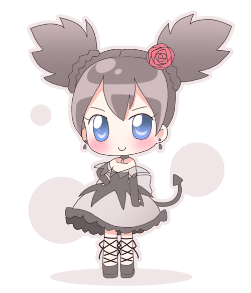 mirai (sugar), kuromi, kurumi nui, onegai my melody, sanrio, cross-laced footwear, >:), 00s, 1girl, blush, brown dress, chibi, demon tail, dress, female focus, flower, full body, hair flower, hair ornament, looking at viewer, shoes, simple background, solo, standing, tail, twintails, v-shaped eyebrows, white background