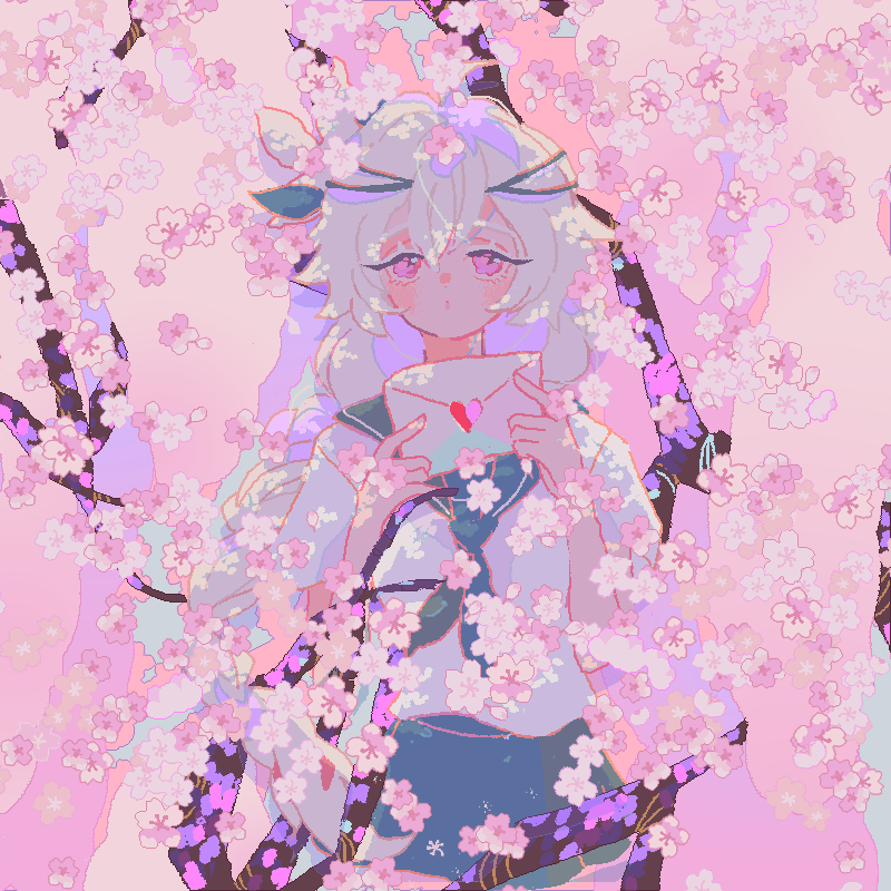 reed, white lily cookie, cookie run, cookie run: kingdom, white lily, commentary, symbol-only commentary, 1girl, ahoge, braid, cherry blossoms, cowboy shot, double-parted bangs, envelope, film grain, flower, green neckerchief, green sailor collar, green skirt, hair between eyes, hands up, heart, holding, holding envelope, humanization, leaf, long hair, looking at viewer, miniskirt, neckerchief, official alternate costume, outdoors, pink eyes, pink flower, pleated skirt, purple sky, sailor collar, school uniform, shirt, short sleeves, simple background, skirt, sky, solo, standing, straight-on, summer uniform, tree, twin braids, upturned eyes, very long hair, white hair, white shirt