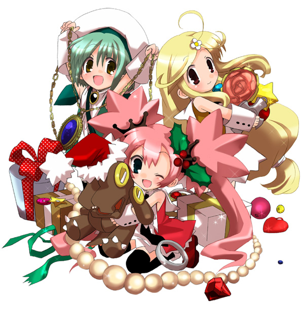 hizuki yayoi, character request, source request, 3girls, :d, ;d, arms up, beret, blonde hair, blush, chain, cheering, chibi, full body, green eyes, green hair, hat, long hair, looking at viewer, low-tied long hair, multiple girls, one eye closed, open mouth, pink hair, ponytail, purple eyes, short hair, smile, twintails, very long hair, wrist cuffs