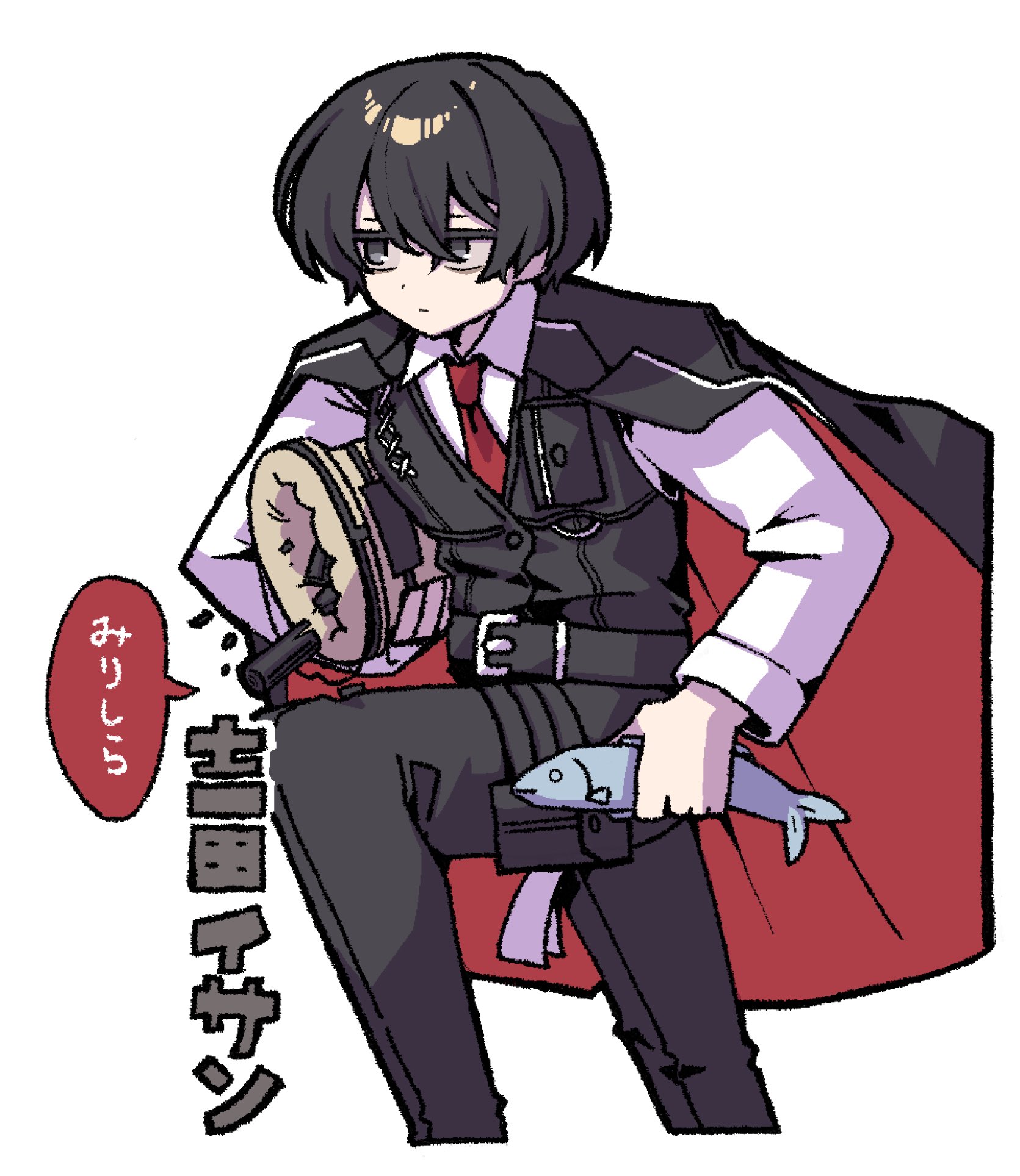 nantekottawo!!, yi sang (project moon), limbus company, project moon, commentary request, highres, 1boy, black coat, black eyes, black hair, black pants, black vest, closed mouth, coat, coat on shoulders, collared shirt, fish, food, holding, holding food, long sleeves, male focus, necktie, pants, red necktie, shirt, short hair, simple background, solo, standing, upper body, vest, white background, white shirt