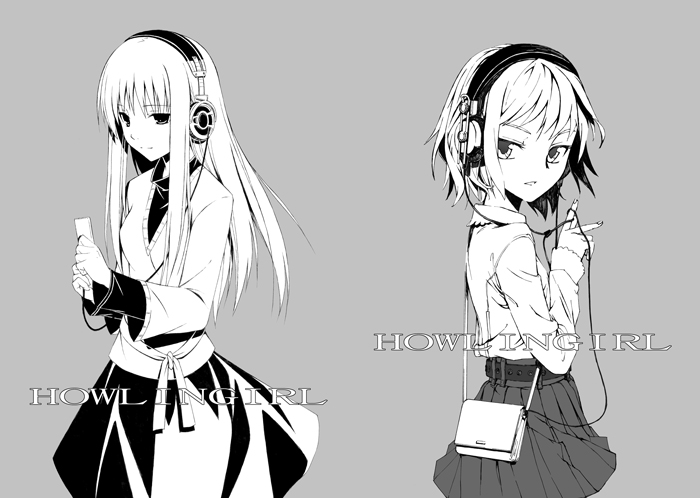 gou (double trigger), original, 2girls, bag, greyscale, handbag, headphones, long hair, monochrome, multiple girls, short hair, sketch