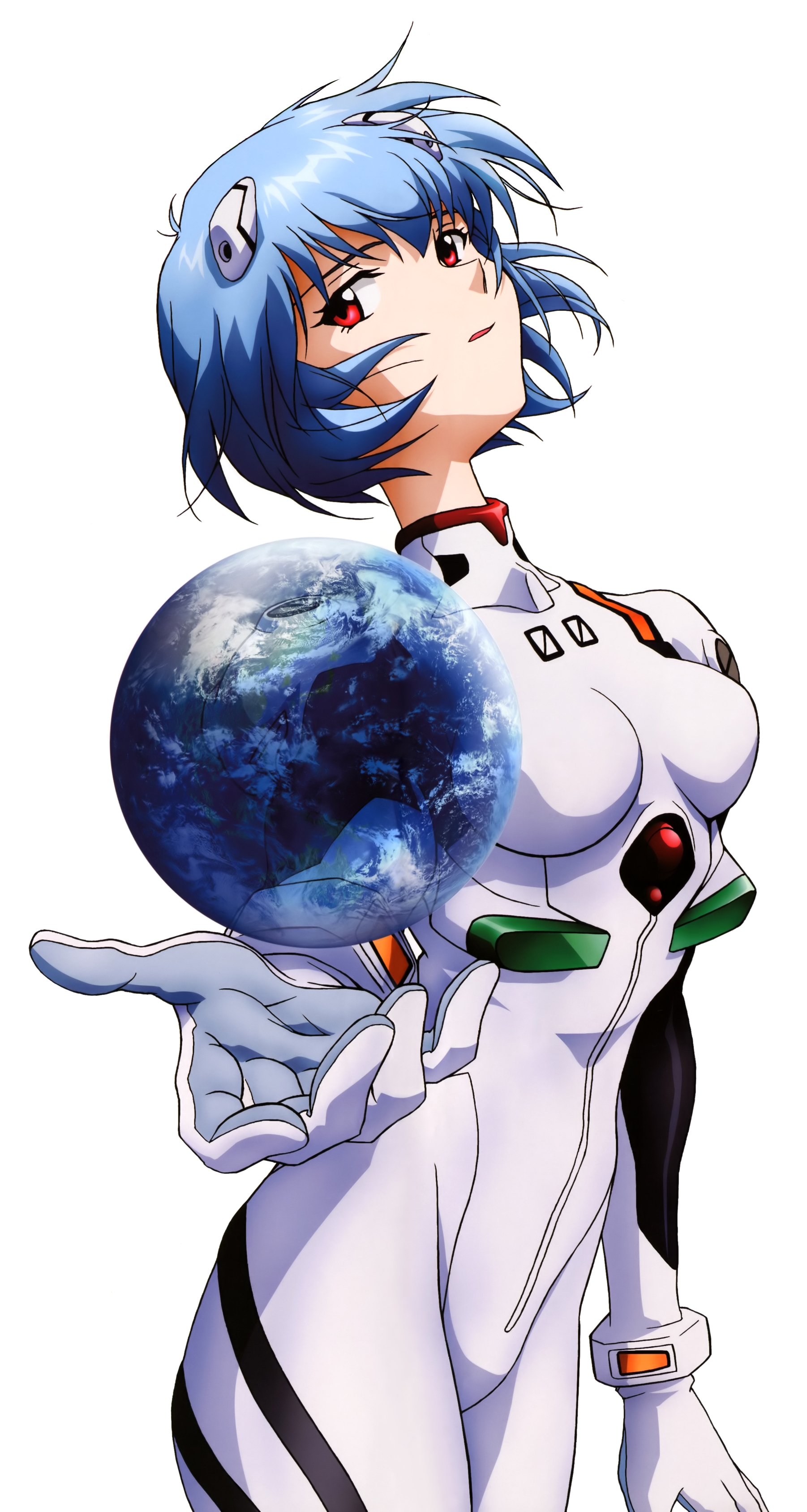 ayanami rei, neon genesis evangelion, absurdres, highres, 1girl, blue hair, breasts, earth (planet), female focus, mecha pilot suit, medium breasts, planet, plugsuit (evangelion), red eyes, short hair, skin tight, solo