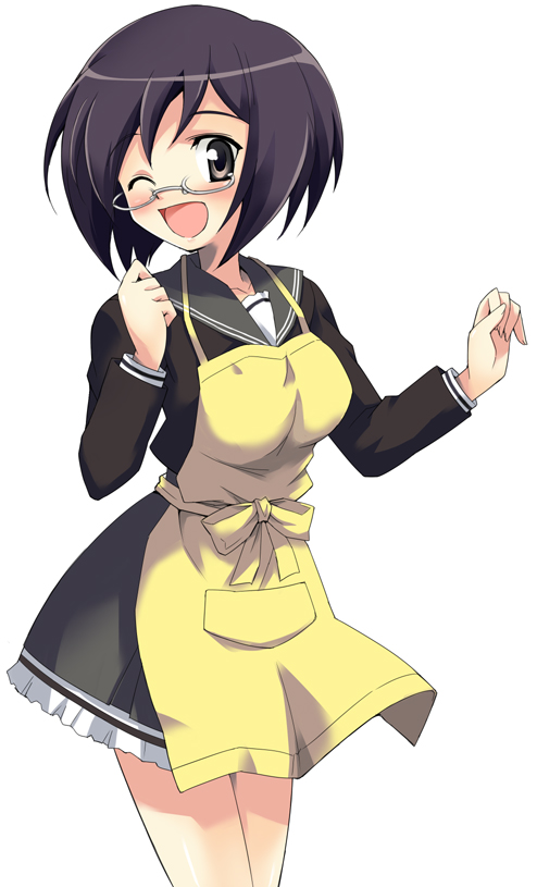 nippori, oribe aoi, myself yourself, 00s, apron, glasses, one eye closed, school uniform, serafuku, solo, wink