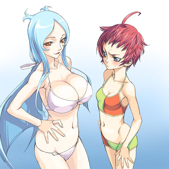 satou atsuki, machina (dragonaut), souya akira, dragonaut, 00s, 2girls, :<, ahoge, bikini, bikini shorts, blush, breast envy, breasts, bursting breasts, cleavage, flat chest, huge breasts, large breasts, long hair, multiple girls, red eyes, red hair, short hair, shorts, smile, swimsuit, tankini, very long hair