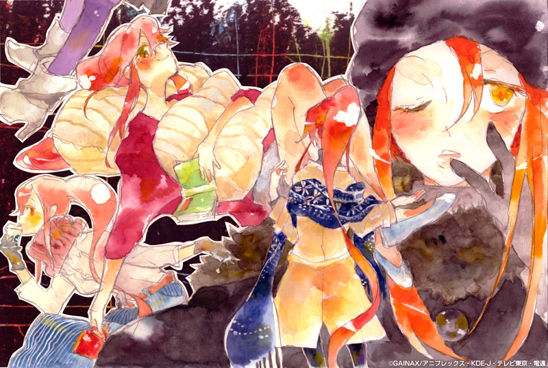 yoko littner, starbucks, tengen toppa gurren lagann, striped, painting (medium), traditional media, watercolor (medium), 00s, 1girl, alternate costume, back, black gloves, blush, book, boots, coat, company name, cup, drinking, fringe trim, fur trim, gainaxtop, glasses, gloves, hand on own face, hat, high heel boots, high heels, holding, holding book, holding cup, knee boots, long hair, looking at viewer, lying, multiple views, on back, one eye closed, open book, out of frame, pantyhose, pillow, pink lips, purple pantyhose, red eyes, red hair, rimless eyewear, scarf, shorts, sitting, smile, sweater, three-quarter sleeves, vertical stripes, very long hair