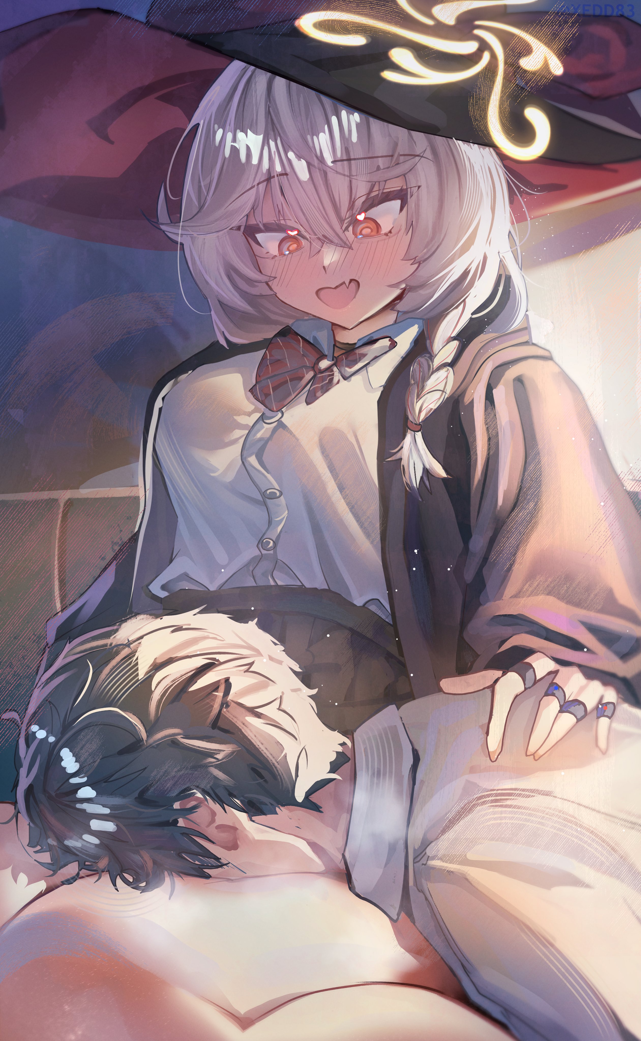 xed, eri (blue archive), sensei (blue archive), blue archive, absurdres, hashtag-only commentary, highres, 1boy, 1girl, :d, @ @, awkward, black jacket, blush, bow, bowtie, braid, breasts, dress shirt, embarrassed, fang, hair between eyes, halo, hand on another's back, hat, heart, hetero, jacket, jewelry, lap pillow, large breasts, large hat, long hair, open mouth, pleated skirt, red bow, red bowtie, ring, school uniform, shirt, short hair, single braid, sitting, skin fang, skirt, smile, surprised, thick thighs, thighs, very short hair, wariza, white hair, white shirt, wide-eyed, witch hat