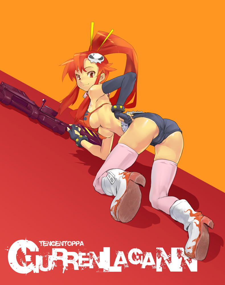 redjuice, yoko littner, tengen toppa gurren lagann, 00s, 1girl, all fours, ass, bent over, boots, breasts, cameltoe, female focus, high heel boots, high heels, large breasts, red eyes, red hair, shoe soles, solo, thighhighs, underboob