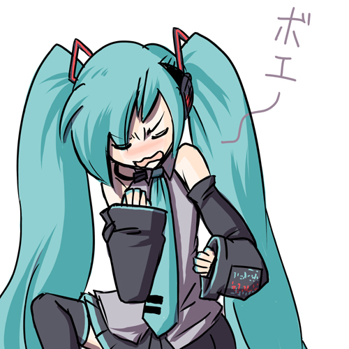 hatsune miku, vocaloid, lowres, 1girl, aqua hair, blush, female focus, long hair, solo, thighhighs, twintails, very long hair