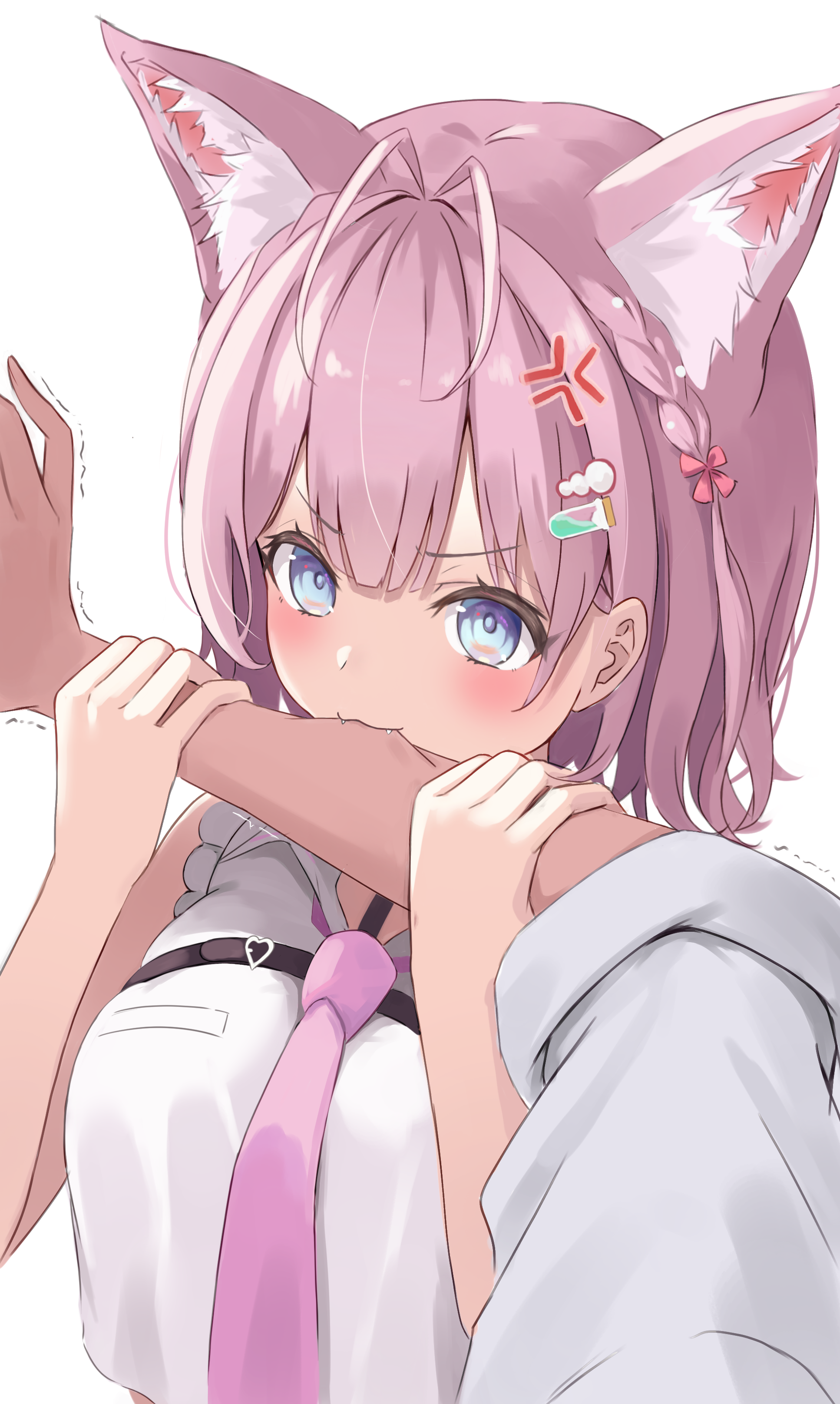 tonton utaro, hakui koyori, hakui koyori (1st costume), hololive, absurdres, commentary request, highres, 1girl, :3, anger vein, animal ears, antenna hair, bare arms, belt, biting, biting another's arm, black belt, blush, braid, breasts, chest belt, closed mouth, collared shirt, fangs, frilled shirt, frills, grabbing another's arm, large breasts, medium hair, necktie, pink hair, pink necktie, purple eyes, shirt, simple background, sleeveless, sleeveless shirt, smile, solo focus, virtual youtuber, white background, white shirt, wolf ears, wolf girl