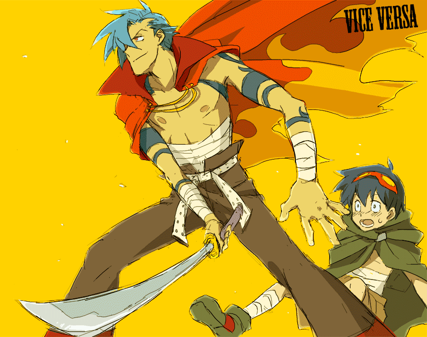kamina (ttgl), simon (ttgl), tengen toppa gurren lagann, 00s, 2boys, bandages, blue hair, bodypaint, cape, cloak, goggles, goggles on head, katana, male focus, multiple boys, sarashi, shorts, sketch, sword, weapon