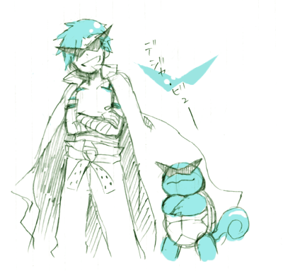 kamina (ttgl), squirtle, nintendo, pokemon, tengen toppa gurren lagann, lowres, translated, 00s, 1boy, aqua theme, crossover, gen 1 pokemon, kamina shades, look-alike, male focus, monochrome, pokemon (creature), simple background, sketch, sunglasses, triangular eyewear, white background
