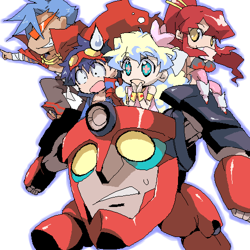 kamina (ttgl), lagann, nia teppelin, simon (ttgl), yoko littner, tengen toppa gurren lagann, lowres, 00s, 2boys, 2girls, chibi, multiple boys, multiple girls, oekaki, thighhighs