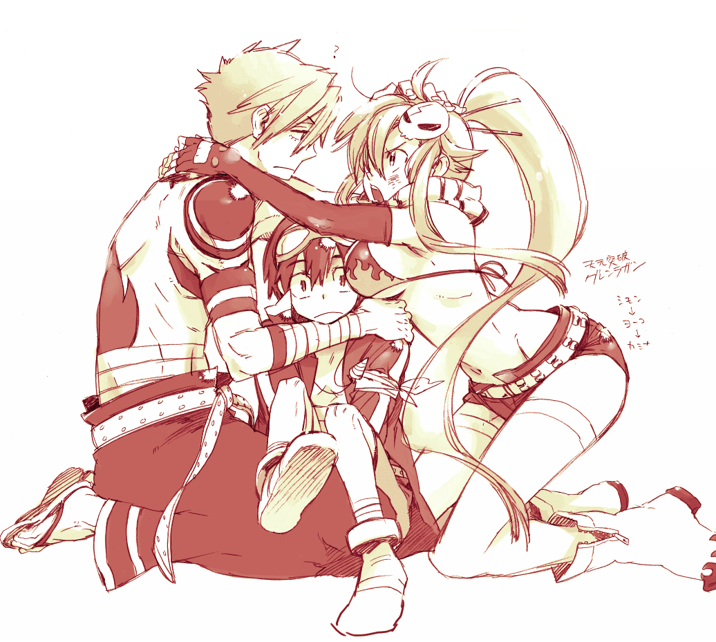 kamina (ttgl), simon (ttgl), yoko littner, tengen toppa gurren lagann, 00s, 1girl, 2boys, bikini, bikini top only, elbow gloves, gloves, monochrome, multiple boys, red theme, scarf, sketch, spot color, swimsuit, thighhighs