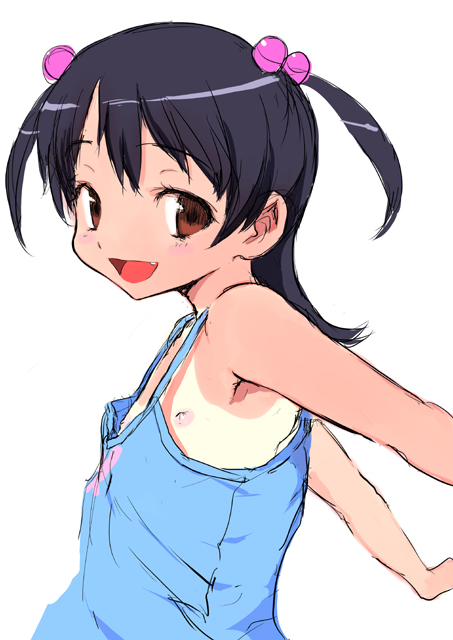 sasahara yuuki, amaha rihoko, witchblade, copyright request, 1girl, blush, female focus, flat chest, loli, nipple slip, nipples, one-piece tan, simple background, solo, tan, tanline