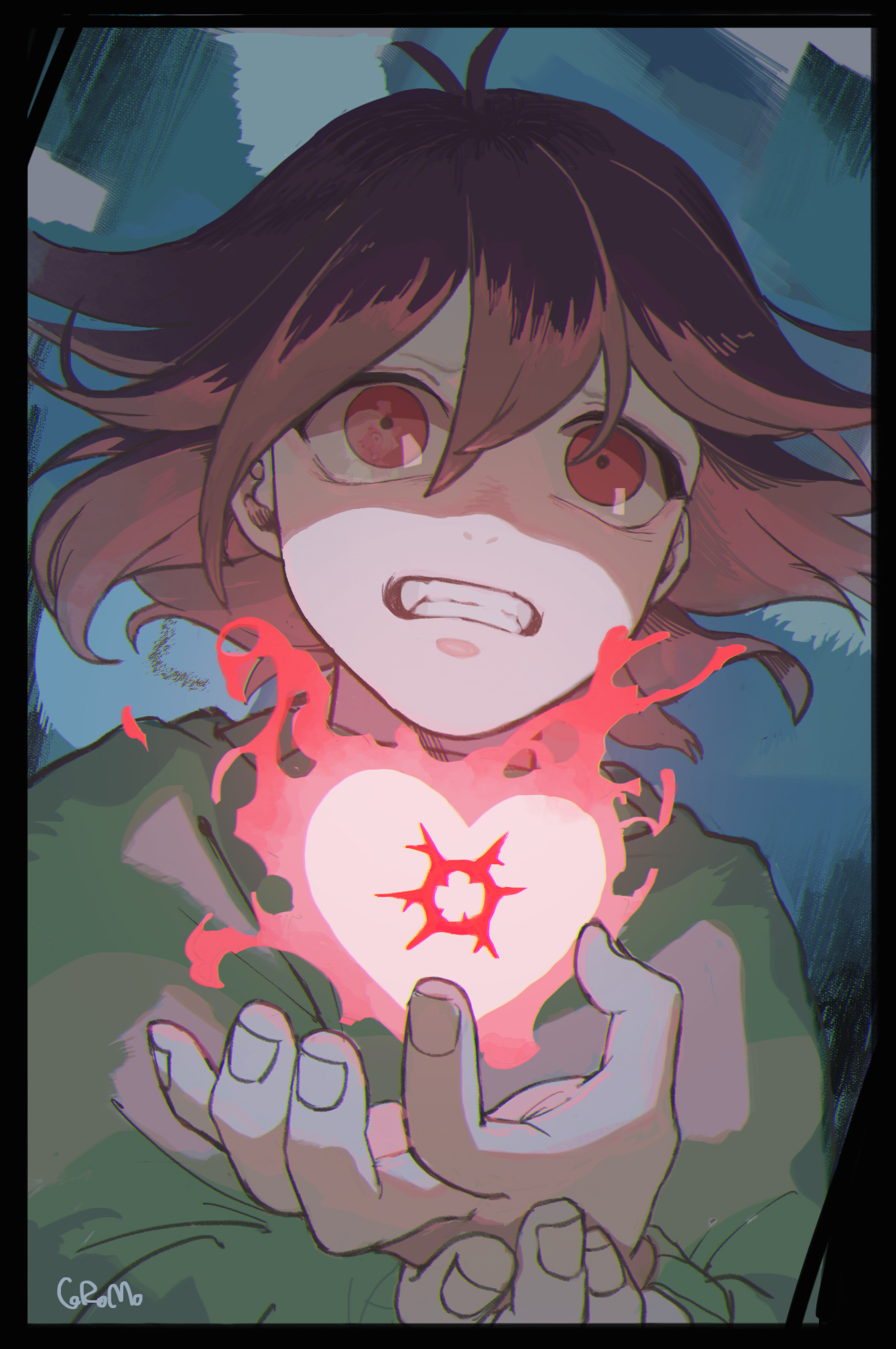 corogarucoromo, kris (deltarune), soul (deltarune), deltarune, utdr (toby fox), commentary request, highres, 1other, black border, border, brown hair, clenched teeth, fire, floating hair, heart, jewelry, other focus, red eyes, ring, short hair, signature, teeth, thorn ring (deltarune), unworn ring, weird route (deltarune)