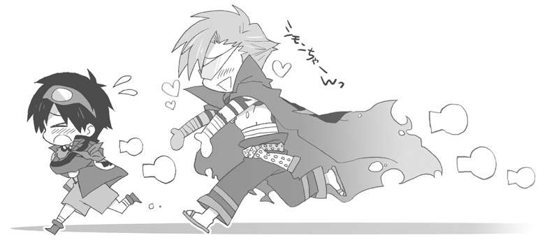boota (ttgl), kamina (ttgl), simon (ttgl), tengen toppa gurren lagann, 00s, 2boys, chasing, chibi, glasses, greyscale, male focus, monochrome, multiple boys, white background