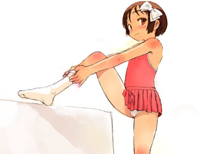 sasahara yuuki, copyright request, 1girl, ballet, bare shoulders, bow, cameltoe, feet, female focus, flat chest, leg lift, loli, looking at viewer, panties, pantyshot, short hair, simple background, socks, solo, standing, underwear, white background