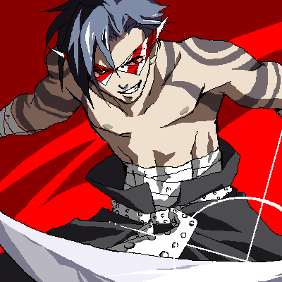 kamina (ttgl), tengen toppa gurren lagann, lowres, 00s, 1boy, bandages, blue hair, bodypaint, glasses, grin, kamina shades, male focus, oekaki, sarashi, smile, solo, sword, topless male, triangular eyewear, weapon