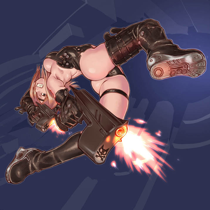 kaieda hiroshi, 1girl, armpits, ass, black boots, boots, brown hair, female focus, firing, gloves, gun, leather, muzzle flash, solo, thigh strap, thighhighs, weapon
