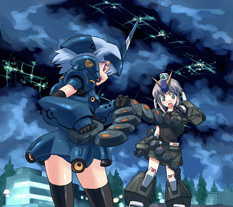 tanaka (cow), yamai (lsd), gundam alex, kampfer (mobile suit), gundam, gundam 0080, kampfer, 1980s (style), 00s, 2girls, :o, blue hair, blush, brown hair, chain mine, green eyes, mecha, mecha musume, multiple girls, oldschool, red eyes, retro artstyle, robot, short hair, thighhighs