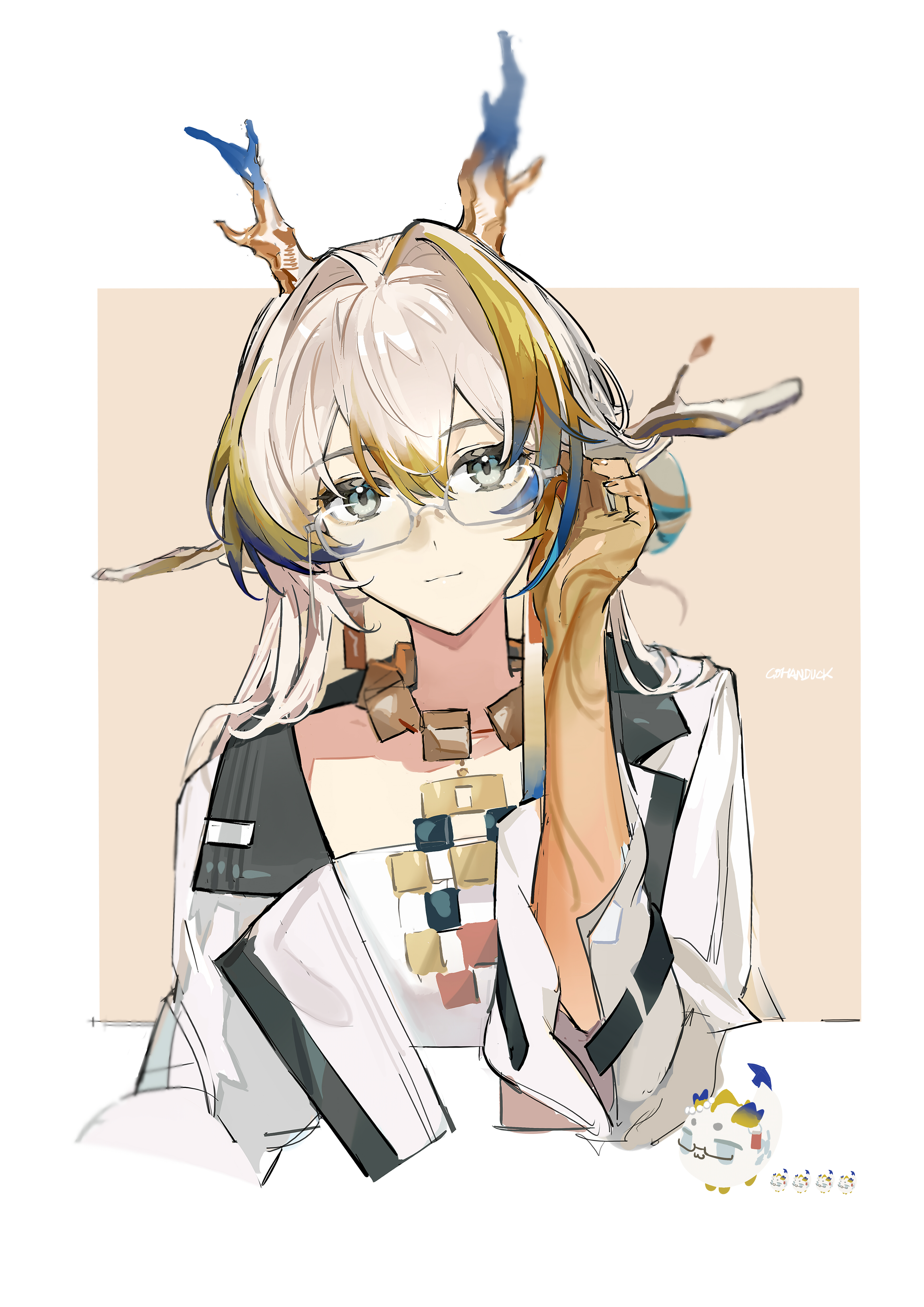 gohanduck, shu (arknights), arknights, absurdres, highres, 1girl, adjusting clothes, adjusting eyewear, closed mouth, colored skin, earrings, glasses, grey hair, hair intakes, hand up, head tilt, horns, jacket, jewelry, long hair, long sleeves, looking at viewer, multicolored hair, necklace, semi-rimless eyewear, solo, straight-on, streaked hair, tassel, tassel earrings, upper body, white jacket, yellow eyes