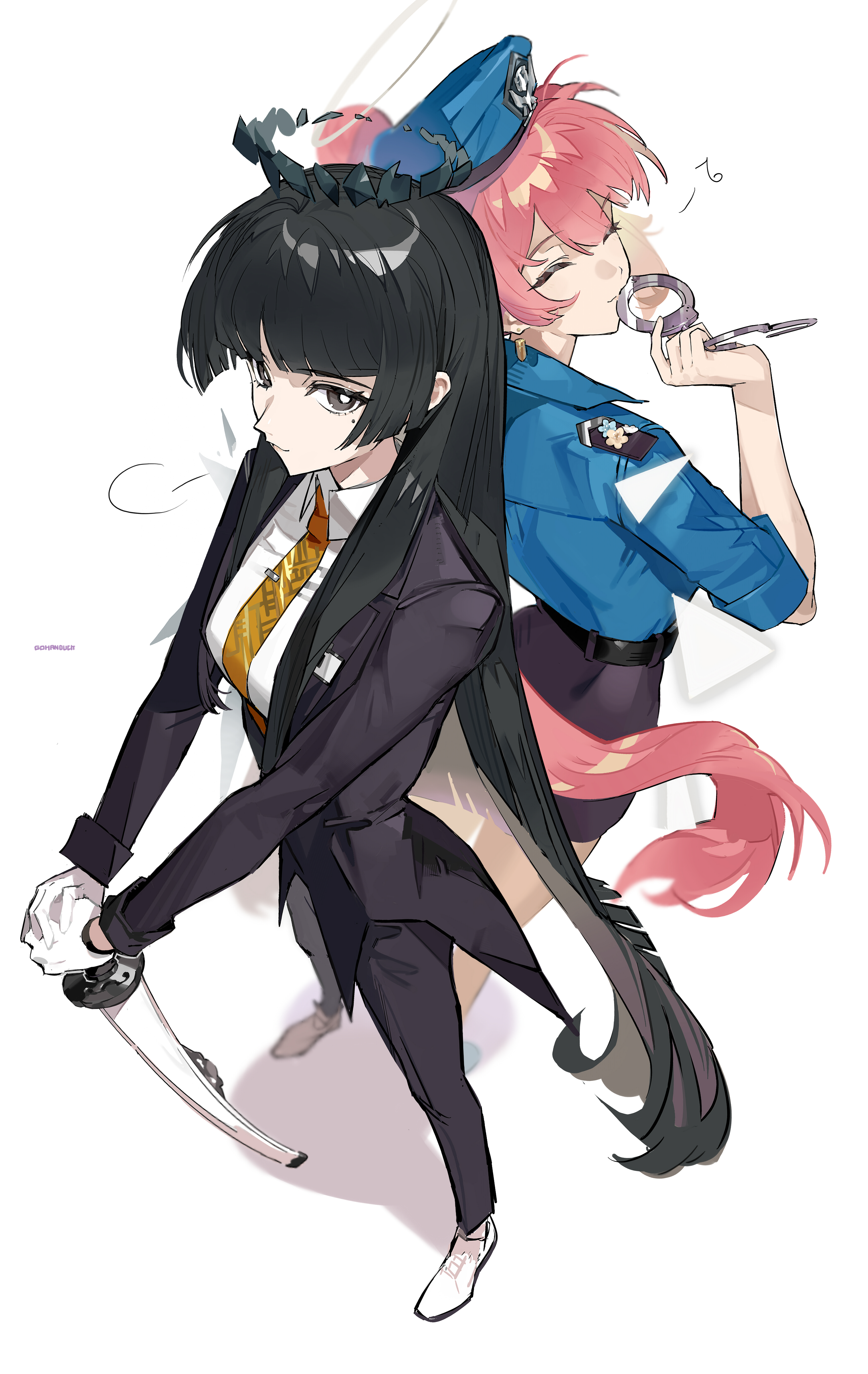 gohanduck, lemuen (arknights), virtuosa (arknights), arknights, absurdres, highres, 2girls, alternate costume, back-to-back, belt, black eyes, black hair, black jacket, black pants, blue hat, blue jacket, breasts, closed eyes, closed mouth, collared shirt, cuffs, eighth note, facing viewer, from above, gloves, halo, handcuffs, hat, jacket, long hair, long sleeves, looking at viewer, mole, mole under eye, multiple girls, musical note, necktie, open clothes, open jacket, pants, peaked cap, pencil skirt, pink hair, purple skirt, shirt, shoes, sidelocks, skirt, sleeves rolled up, small breasts, smile, standing, sword, tailcoat, very long hair, weapon, white gloves, white shoes, yellow necktie