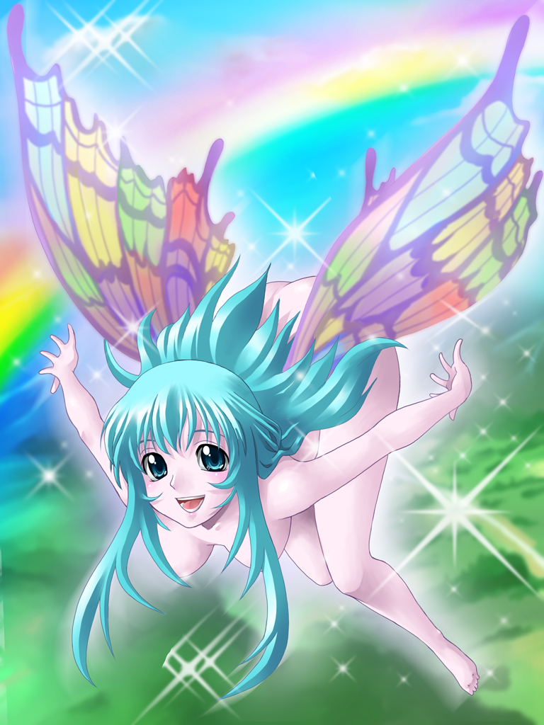 yaso shigeru, yousei (quiz nanairo dreams), capcom, quiz nanairo dreams, 1girl, :d, aqua eyes, aqua hair, ass, barefoot, bent over, blurry, blush, breasts, censored, cloud, colorful, convenient censoring, day, depth of field, fairy, fairy wings, feet, female focus, flying, grass, hair censor, hair over breasts, hanging breasts, happy, knees, large breasts, legs, long legs, looking at viewer, matching hair/eyes, multicolored wings, nude, nudist, open mouth, outdoors, outstretched arms, public indecency, rainbow, sky, smile, solo, sparkle, spread arms, thighs, toes, wings