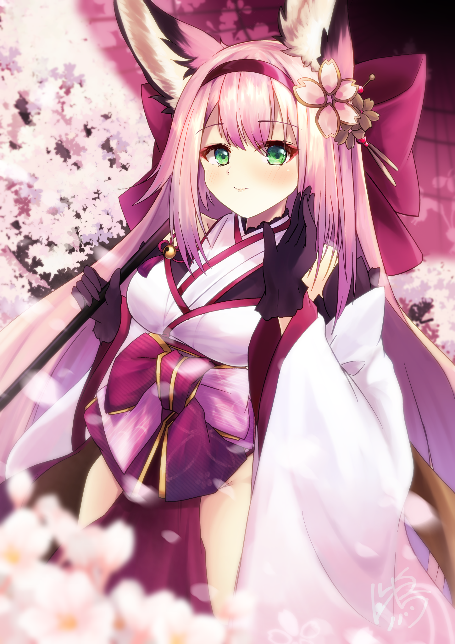akiyama neo, hanazuki (azur lane), azur lane, commentary request, highres, 1girl, animal ears, bare shoulders, black gloves, clothing cutout, cowboy shot, flower, fox ears, fox girl, gloves, green eyes, hair ornament, hairband, hip vent, holding, holding umbrella, japanese clothes, kimono, light smile, long hair, long sleeves, looking at viewer, oil-paper umbrella, pink hair, pink hairband, pink theme, print umbrella, sleeveless, sleeveless kimono, solo, umbrella, white flower, white kimono, wide sleeves