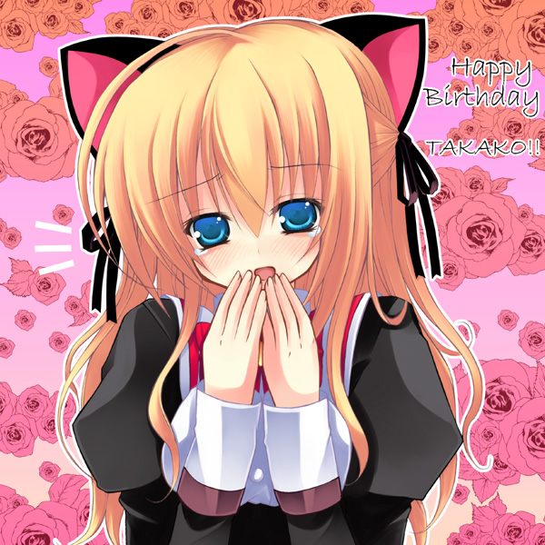 kannon ouji, itsukushima takako, otome wa boku ni koishiteru, 00s, 1girl, :d, animal ears, black dress, black ribbon, blonde hair, blue eyes, cat ears, dress, female focus, hair ribbon, long sleeves, open mouth, pink background, ribbon, short hair, simple background, smile, solo, upper body