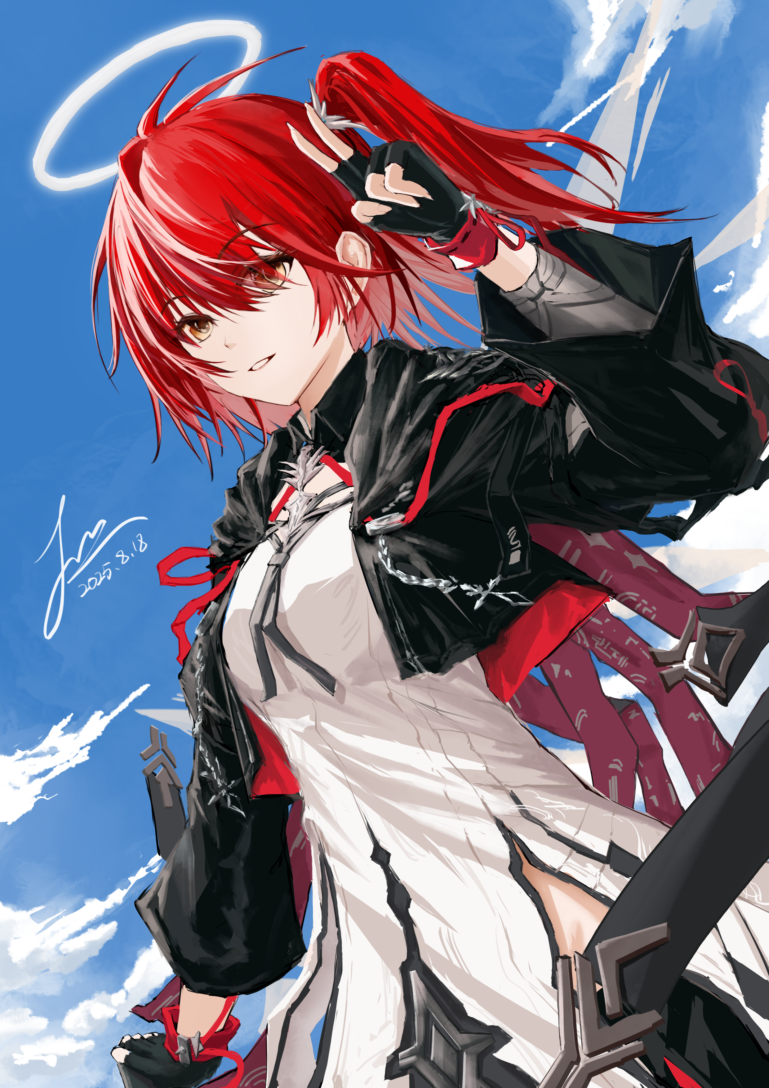 jinling ovo, exusiai (arknights), exusiai the new covenant (arknights), arknights, absurdres, chinese commentary, commentary request, highres, 1girl, black gloves, black jacket, blue sky, breasts, cloud, cloudy sky, cropped jacket, dated, detached wings, energy wings, fingerless gloves, gloves, hair between eyes, halo, hand up, jacket, light smile, looking at viewer, medium hair, one side up, orange eyes, outdoors, parted lips, red hair, signature, sky, smile, solo, teeth, traditional halo, white halo, wings