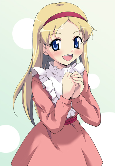 nippori, 1girl, blonde hair, blue eyes, blush, dress, female focus, frills, hairband, long hair, pink dress, smile, solo, white background