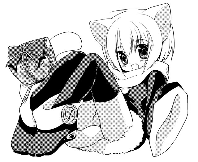 kamiyoshi rika, thoto, original, 1boy, animal ears, animal hands, box, buttons, cat boy, cat ears, christmas, fang, full body, fur trim, gift, gift box, greyscale, male focus, monochrome, paw print, solo, tail, thighhighs, trap, white background