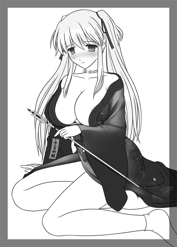 kafu (logaemon), nao (mabinogi), mabinogi, 1girl, female focus, greyscale, japanese clothes, kimono, monochrome, solo