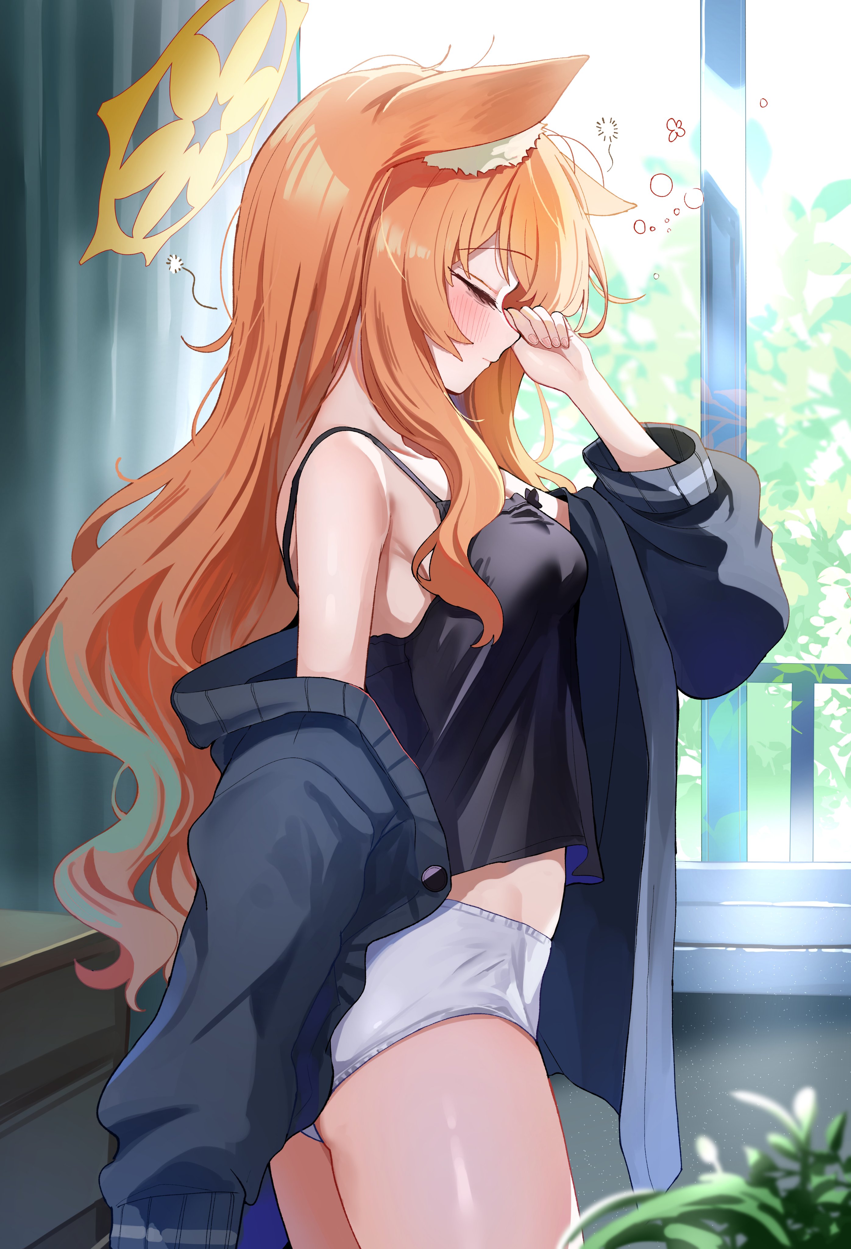 sak (lemondisk), mari (blue archive), blue archive, absurdres, commentary, highres, symbol-only commentary, 1girl, alternate costume, animal ear fluff, animal ears, bare shoulders, black camisole, black cardigan, blush, breasts, camisole, cardigan, cat ears, cat girl, closed eyes, from side, halo, indoors, off shoulder, orange hair, panties, rubbing eyes, small breasts, solo, squeans, thighs, underwear, white panties, yellow halo