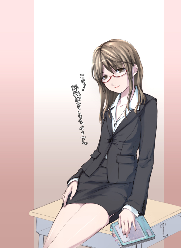 ooji, original, 1girl, brown hair, business suit, desk, female focus, flat chest, formal clothes, glasses, jacket, office lady, on desk, pencil skirt, sitting, skirt, skirt suit, smile, solo, suit
