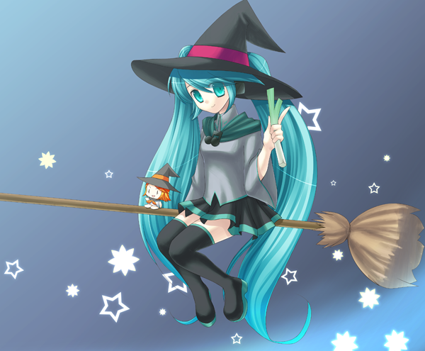 eko, hatsune miku, kagamine rin, vocaloid, bad id, bad pixiv id, 1girl, aqua eyes, aqua hair, black thighhighs, boots, broom, broom riding, character doll, doll, female focus, flying, gradient background, hat, long hair, musical note, night, skirt, smile, solo, spring onion, star (symbol), star symbol background, thigh boots, thighhighs, twintails, very long hair, witch, witch hat