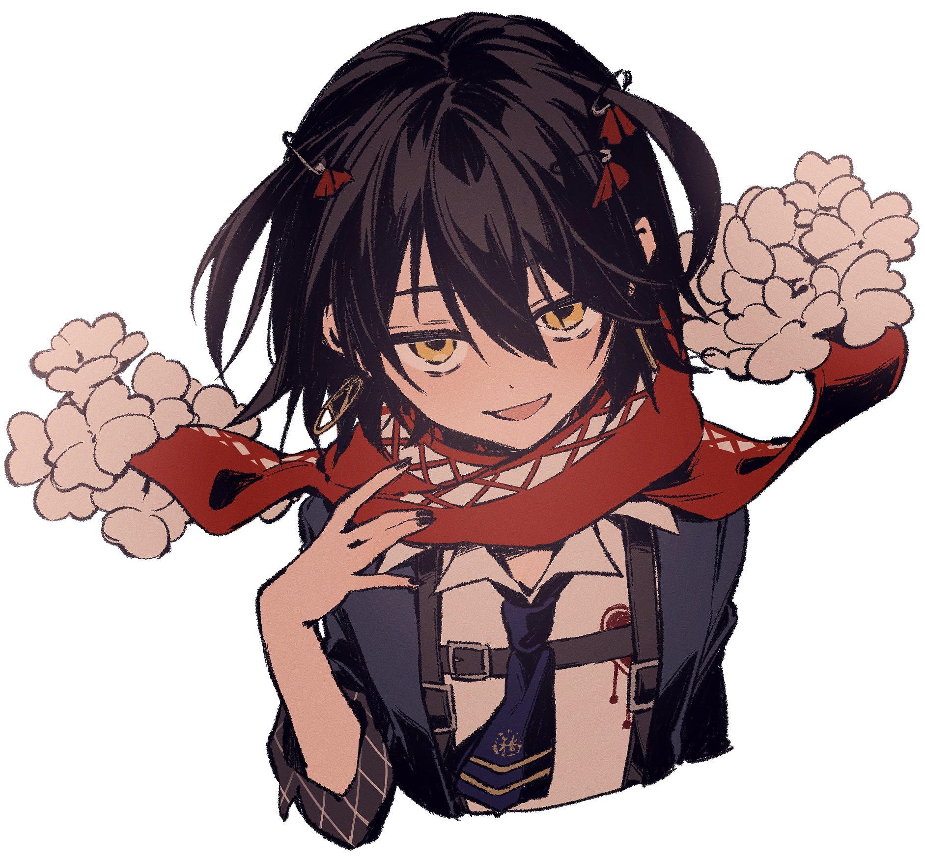 easy-0426, mashiro meme, mashiro meme (1st costume), nijisanji, commentary request, highres, 1boy, black hair, black nails, blue coat, blue necktie, coat, collared shirt, cropped torso, earrings, jacket, jewelry, jitome, looking at viewer, male focus, nail polish, necktie, red scarf, safety pin hair ornament, scarf, shirt, short hair, simple background, smile, solo, suspenders, two side up, upper body, virtual youtuber, white background, white shirt, yellow eyes